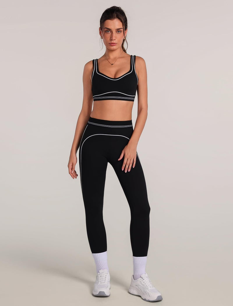 ABOCIW Workout Sets for Women Scoop Neck Contouring Contrast Stitching Sports Bra High Waist Leggings 2 Piece Gym Sets Athletic Yoga Pilates Outfits Black Small - Image 2