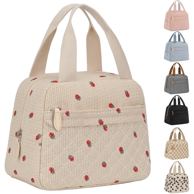 ELONGRIVER Insulated Lunch Bag for Women, Portable Lightweight Lunch Box for Adults, Reusable Small Lunch Tote Cooler Bags with Front Zipper Pocket for Work School Picnic(Corduroy Strawberry) - Image 1