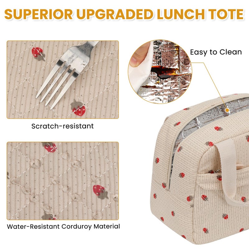ELONGRIVER Insulated Lunch Bag for Women, Portable Lightweight Lunch Box for Adults, Reusable Small Lunch Tote Cooler Bags with Front Zipper Pocket for Work School Picnic(Corduroy Strawberry) - Image 5