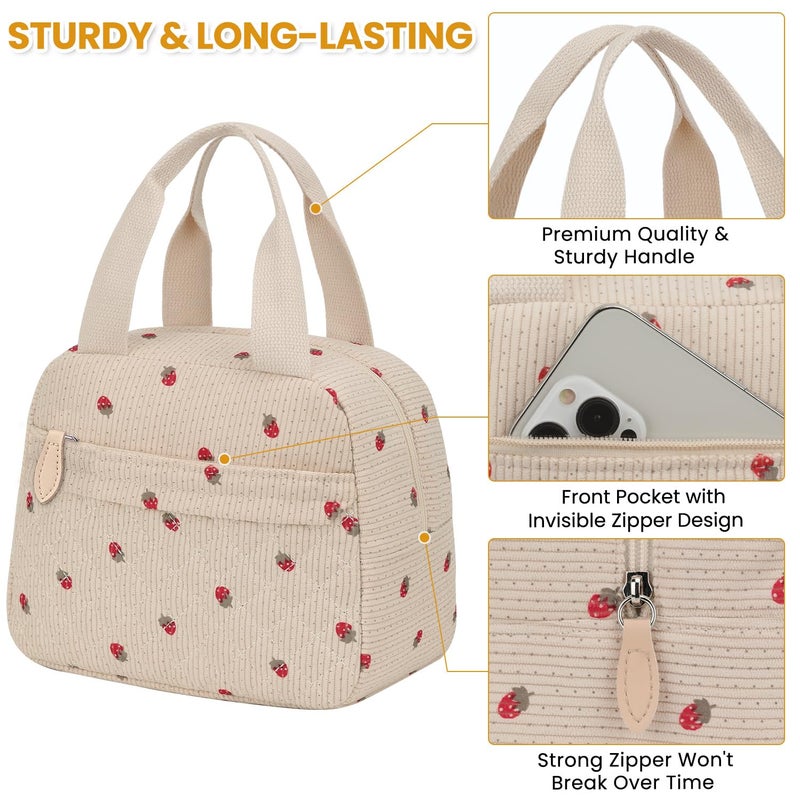ELONGRIVER Insulated Lunch Bag for Women, Portable Lightweight Lunch Box for Adults, Reusable Small Lunch Tote Cooler Bags with Front Zipper Pocket for Work School Picnic(Corduroy Strawberry) - Image 4