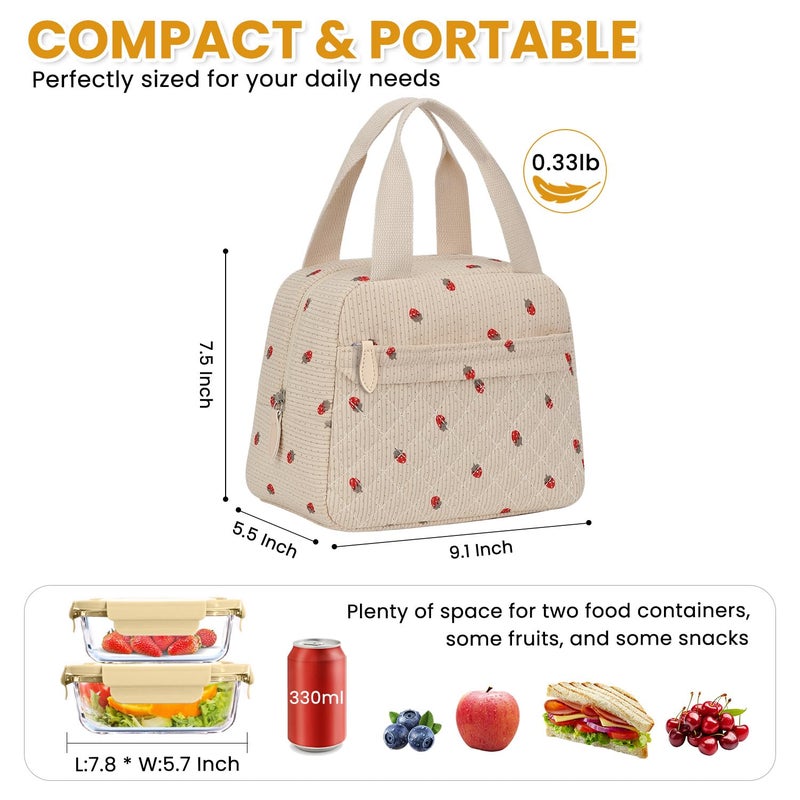 ELONGRIVER Insulated Lunch Bag for Women, Portable Lightweight Lunch Box for Adults, Reusable Small Lunch Tote Cooler Bags with Front Zipper Pocket for Work School Picnic(Corduroy Strawberry) - Image 2