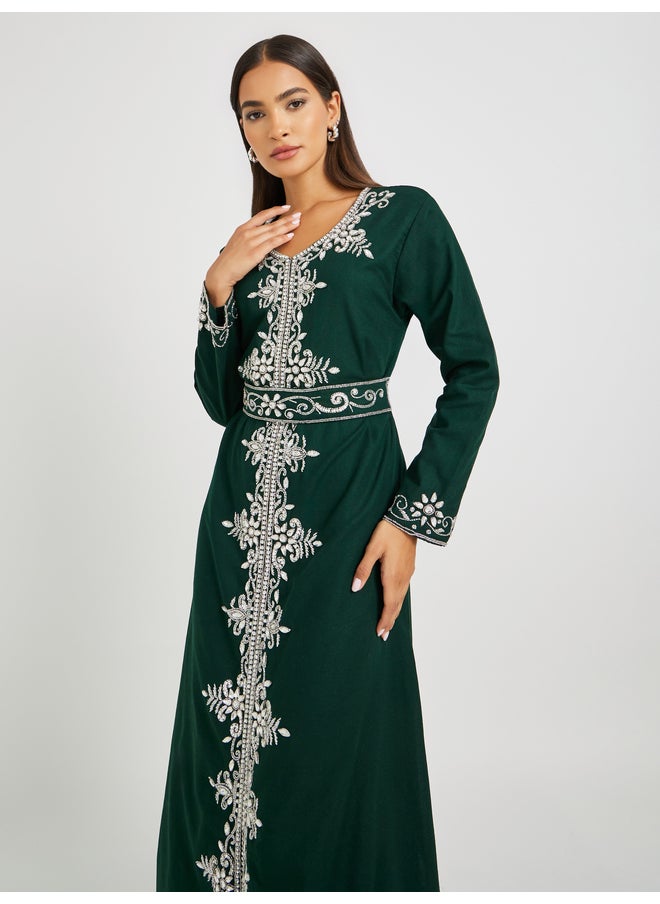 Maxim Creation Maxim Creation Green Hand Embroidered Jalabiya with Belted Detail  - Image 3