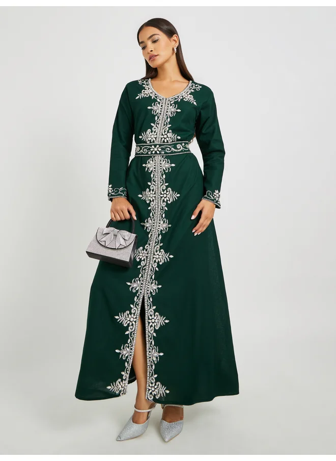 Maxim Creation Maxim Creation Green Hand Embroidered Jalabiya with Belted Detail