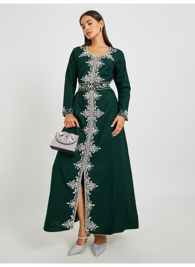 Maxim Creation Maxim Creation Green Hand Embroidered Jalabiya with Belted Detail  - Image 2