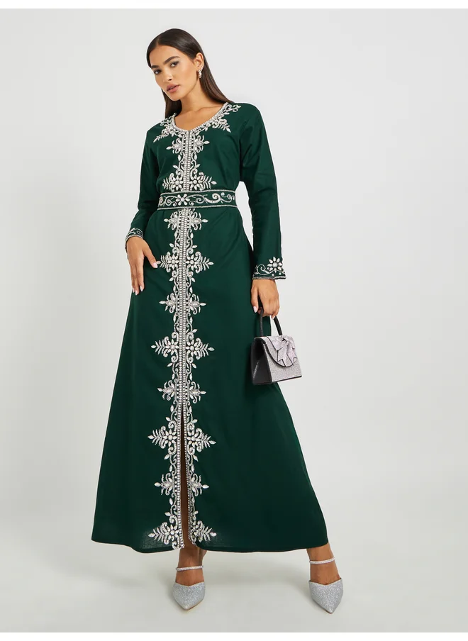 Maxim Creation Maxim Creation Green Hand Embroidered Jalabiya with Belted Detail