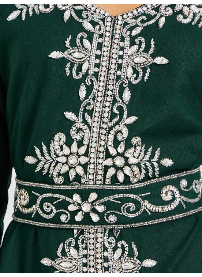Maxim Creation Maxim Creation Green Hand Embroidered Jalabiya with Belted Detail  - Image 4