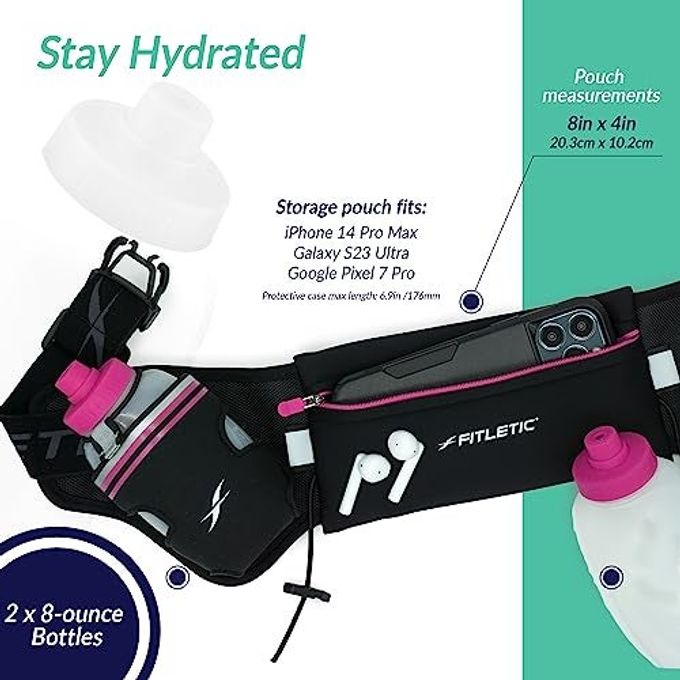 Fitletic Hydration Running Belt With Water Bottles For Men & Women  2 Quick Flow 8Oz Running Water Bottles, Patented Bounce Free Design, Water Resistant Pouch Fits All Phones  Hydra 16 - Image 2