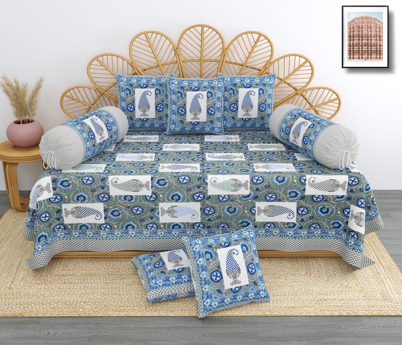 Blizz Mont | Magnolia Collection | Printed Diwan Set | Pure Cotton | Quilted | Set Contains- 8 Pieces (1 Single Bedsheet, 2 Boster Covers, 5 Cushion Covers) (Blue Lily-1+2+5) - Image 1