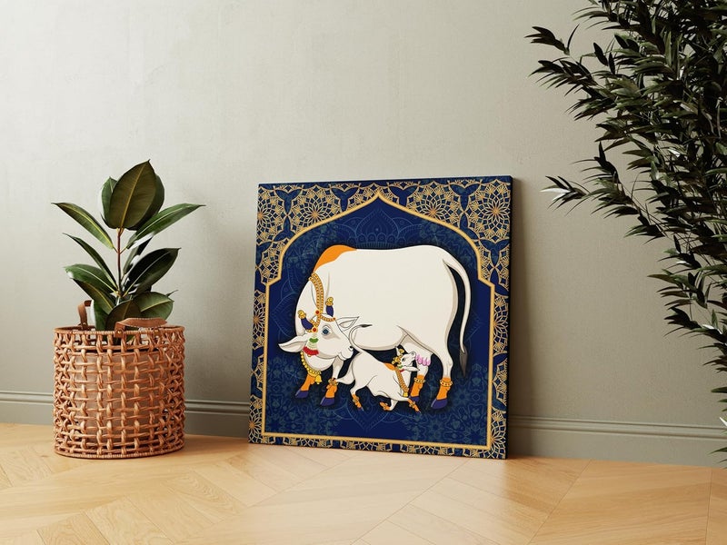 Casperme Kamdhenu Cow with Calf Vastu Prosperity Cotton Canvas Wall Painting For Living Room big size for Bedroom Hotels Office Decoration 24 x 24 inches Casper_CK_05_F1 - Image 5