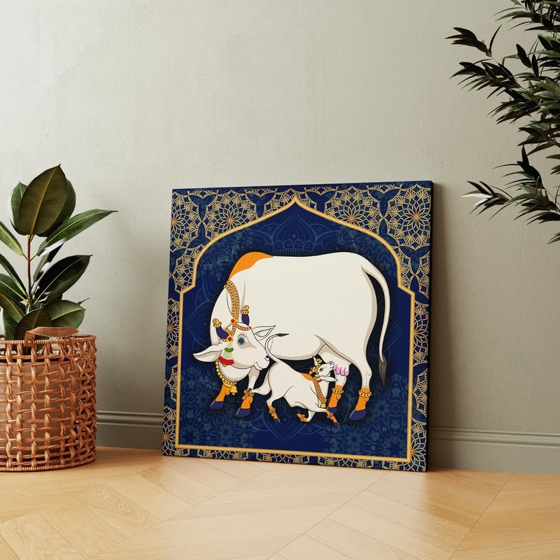 Casperme Kamdhenu Cow with Calf Vastu Prosperity Cotton Canvas Wall Painting For Living Room big size for Bedroom Hotels Office Decoration 24 x 24 inches Casper_CK_05_F1 - Image 1