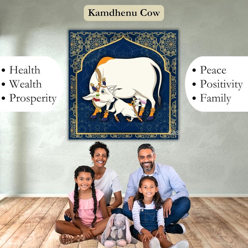Casperme Kamdhenu Cow with Calf Vastu Prosperity Cotton Canvas Wall Painting For Living Room big size for Bedroom Hotels Office Decoration 24 x 24 inches Casper_CK_05_F1 - Image 4