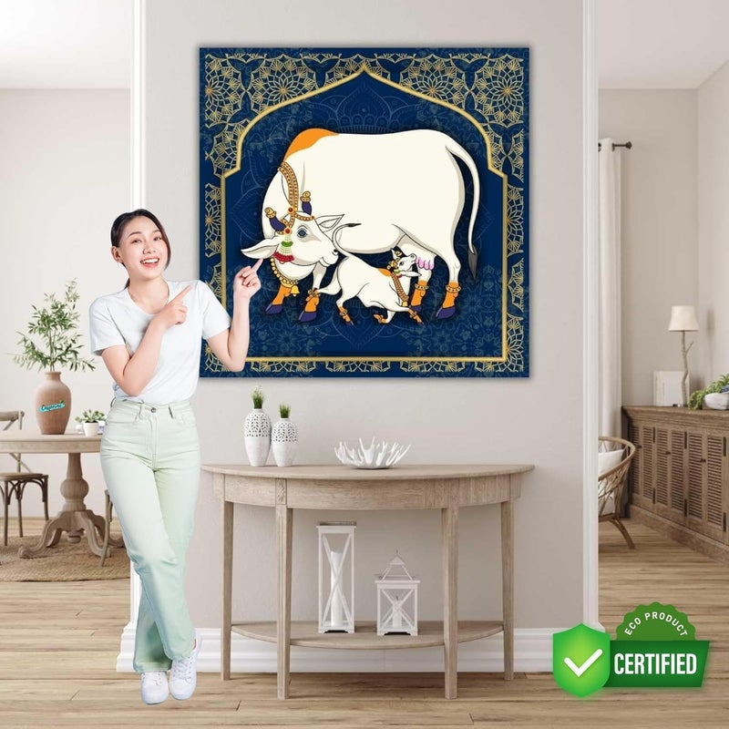 Casperme Kamdhenu Cow with Calf Vastu Prosperity Cotton Canvas Wall Painting For Living Room big size for Bedroom Hotels Office Decoration 24 x 24 inches Casper_CK_05_F1 - Image 2