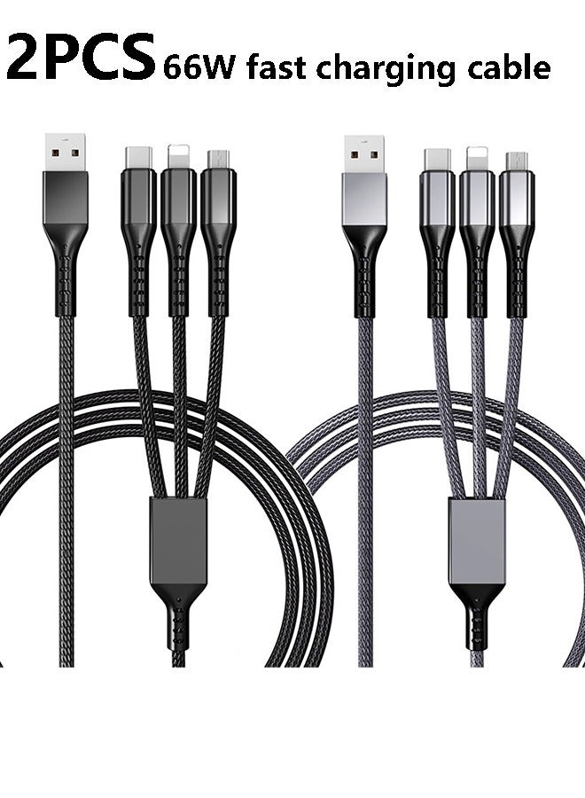 66W Fast Charging Cable, (2 Pack 1.2M) 3 in 1 Charging Cable Nylon Braided Multi Charger Cable for Multiple Devices USB Charging Cord with Type-C, Micro USB, IP Port for Samsung/Huawei/iPhones14/13/12/11 Series/Tablets And More(Grey&Black) - Image 1