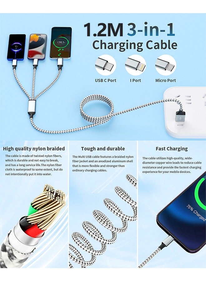 66W Fast Charging Cable, (2 Pack 1.2M) 3 in 1 Charging Cable Nylon Braided Multi Charger Cable for Multiple Devices USB Charging Cord with Type-C, Micro USB, IP Port for Samsung/Huawei/iPhones14/13/12/11 Series/Tablets And More(Grey&Black) - Image 3
