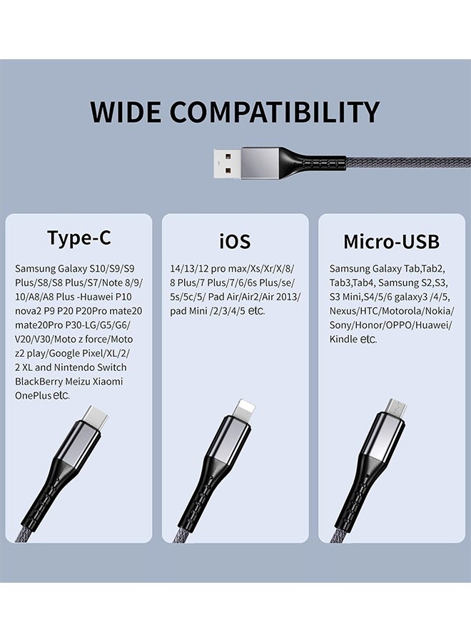 66W Fast Charging Cable, (2 Pack 1.2M) 3 in 1 Charging Cable Nylon Braided Multi Charger Cable for Multiple Devices USB Charging Cord with Type-C, Micro USB, IP Port for Samsung/Huawei/iPhones14/13/12/11 Series/Tablets And More(Grey&Black) - Image 5