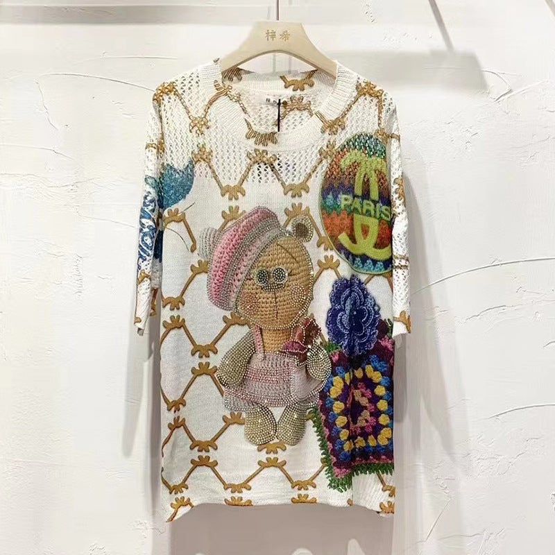 Short-Sleeved T-Shirt For Women 2024 Anime Printed Knitwear Loose Diamond Printed Fashionable Top - Image 3