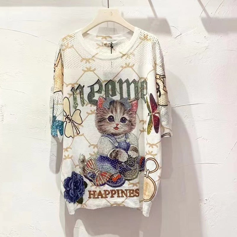 Short-Sleeved T-Shirt For Women 2024 Anime Printed Knitwear Loose Diamond Printed Fashionable Top - Image 5