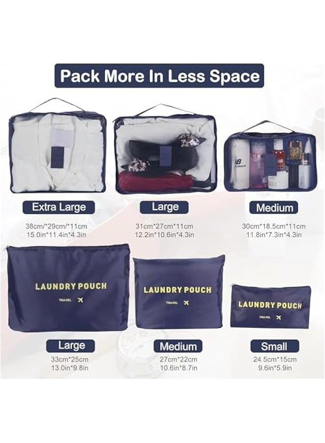 TRASSLE Packing Cubes for Suitcases Travel Luggage Organiser Bags, 3 Packing Cube + 3 Laundry Bags for Backpack Clothes Storage Waterproof Large Medium Small 6 Set, Navy  - Image 2