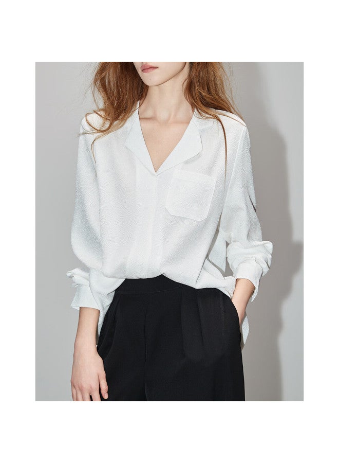 dme Demana Spring And Autumn Blazer Collar Long-sleeve Shirt, Textured Jacquard Blouse, Women's Top - Image 1