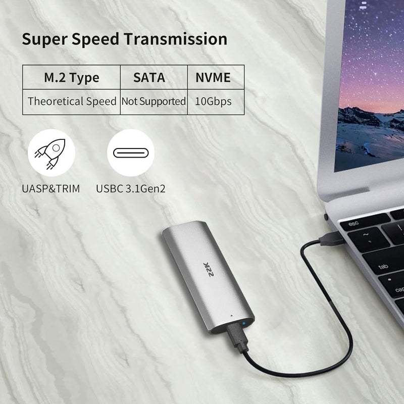 SSK حاوية SSK M.2 NVMe، محول حاوية SSD بدون أدوات، USB C 3.2 Gen 2 10Gbps PCIe MKey حالة محرك الحالة الصلبة الخارجية، تدعم UASP Trim لـ 2230/2242/2260/2280 (SATA غير مدعوم)  - Image 2