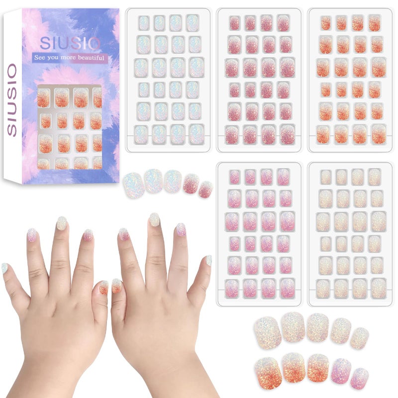 SIUSIO 120Pcs 5 Pack Press on Nails kids Children Acrylic Fake Nails Cute Pre-glue Full Cover Gradient Color Rainbow Short Stick On False Nail Art Kits Set for Kids Little Girls - Colorful Glitter - Image 1