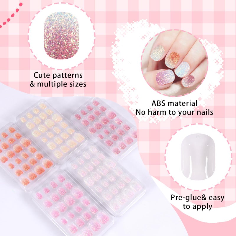 SIUSIO 120Pcs 5 Pack Press on Nails kids Children Acrylic Fake Nails Cute Pre-glue Full Cover Gradient Color Rainbow Short Stick On False Nail Art Kits Set for Kids Little Girls - Colorful Glitter - Image 3