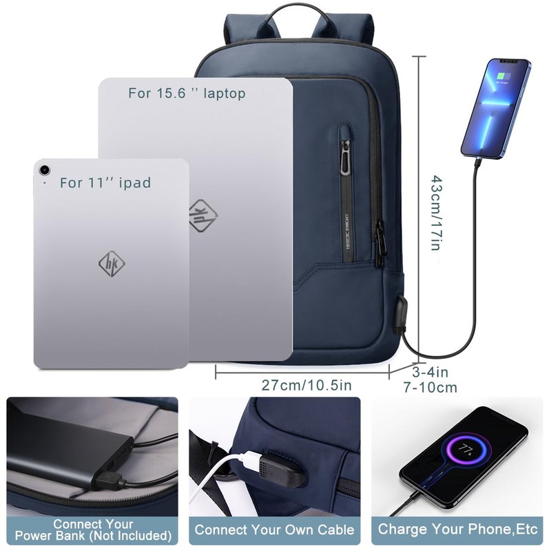 hk Backpack for Men Business Slim Backpack with USB Charger Computer Lightweight Anti-theft Travel Backpacks 15.6 inch Water Resistant Laptop Bag for Work Office College-Dark Blue - Image 2