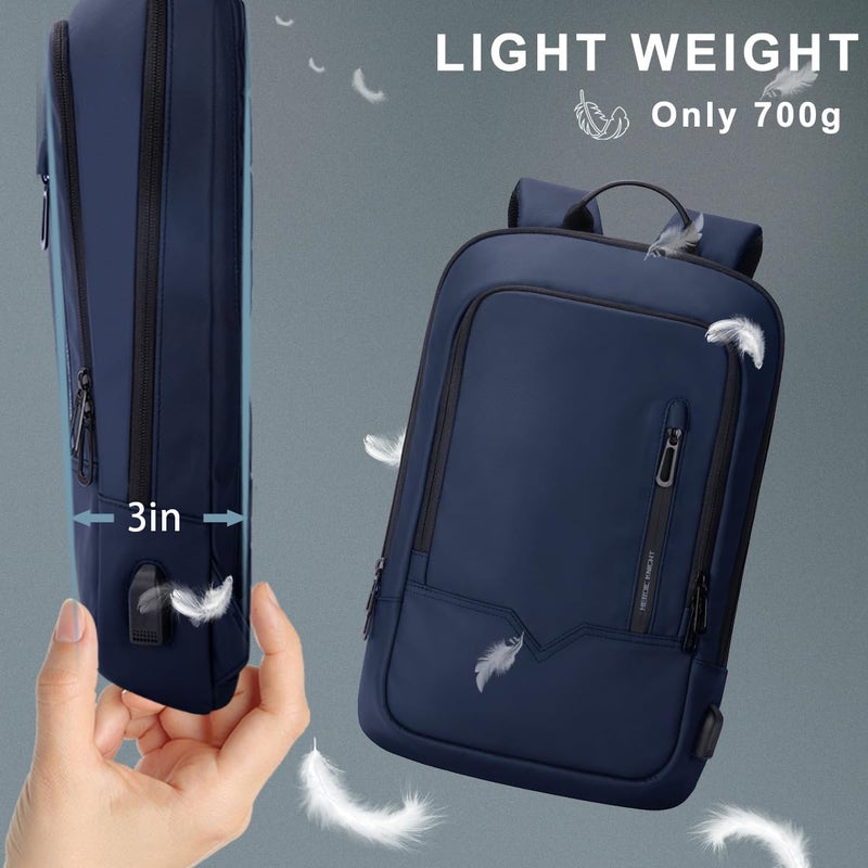 hk Backpack for Men Business Slim Backpack with USB Charger Computer Lightweight Anti-theft Travel Backpacks 15.6 inch Water Resistant Laptop Bag for Work Office College-Dark Blue - Image 4