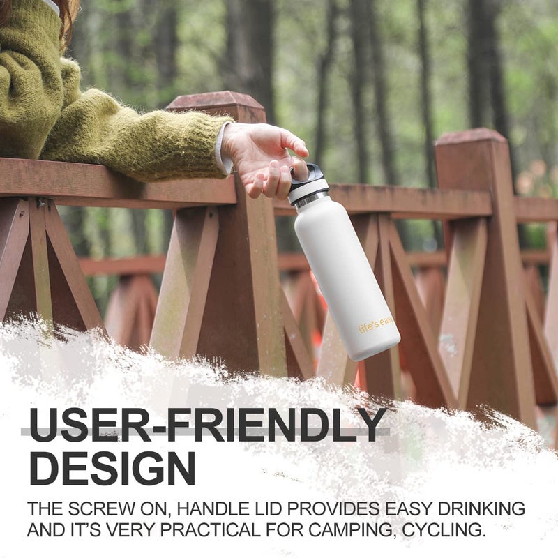 LIFE'S EASY Insulated Sports Water Bottle with Lid. Stainless Steel Vacuum Double Wall Thermo Flask for Hot and Cold Drinks  Simple Metal Hydro Canteen Travel Bottle for Men & Women - 20 oz (White) - Image 5