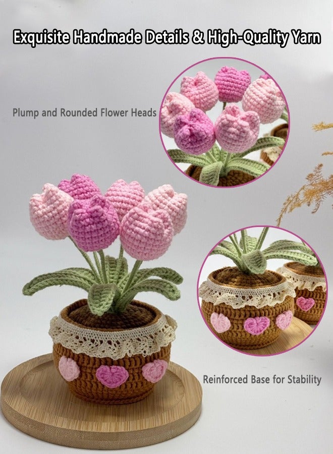 Handmade Crochet Tulip Bouquet in Pot - 3 Color Finished Artificial Flowers for Home Desk Decor, Gift for Mother, Wife, Girlfriend on Mother's Day, Eid - Ready to Use Gift Set - Image 2