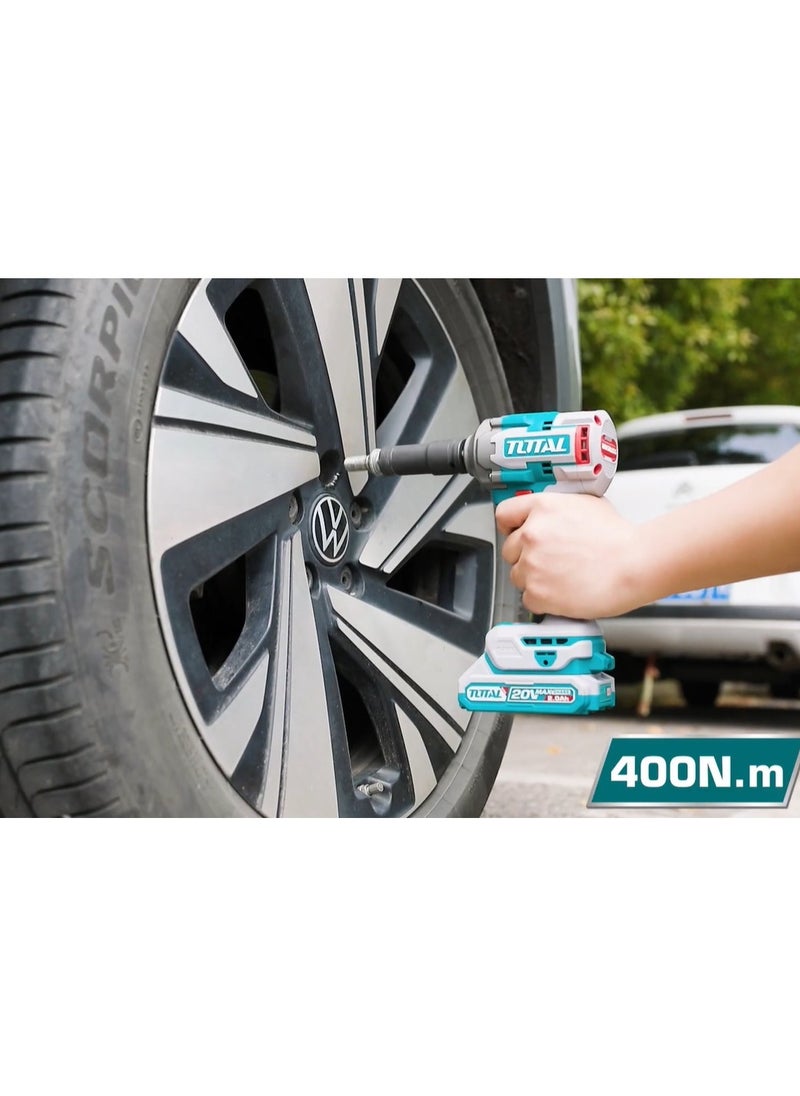 TOTAL - Super Total 20V Cordless Impact Wrench with Brushless Motor, 1/2" Square Drive, 400Nm Fastening Torque, 550Nm Nut-Busting Torque, 0-2900 BPM, LED Work Light, Includes 2x 2.0Ah Batteries & Charger, 3 Sockets & Carrying Case - Image 1
