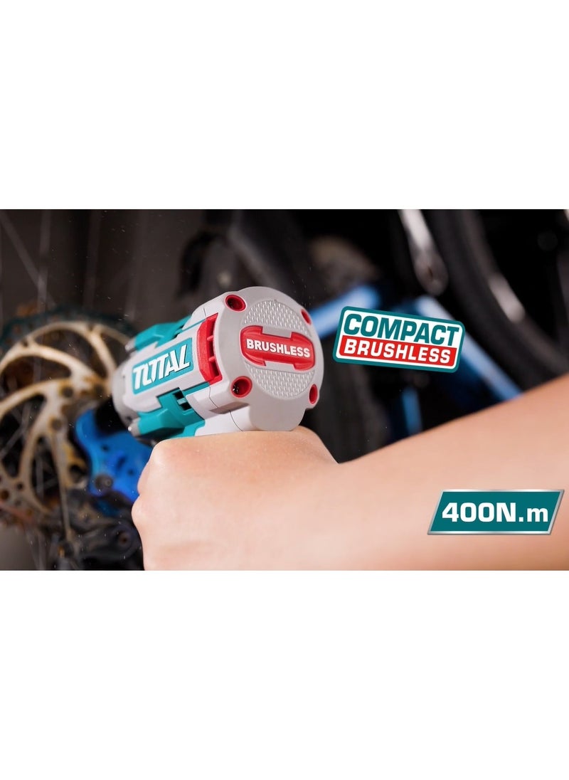 TOTAL - Super Total 20V Cordless Impact Wrench with Brushless Motor, 1/2" Square Drive, 400Nm Fastening Torque, 550Nm Nut-Busting Torque, 0-2900 BPM, LED Work Light, Includes 2x 2.0Ah Batteries & Charger, 3 Sockets & Carrying Case - Image 1