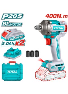 TOTAL Super Total 20V Cordless Impact Wrench with Brushless Motor, 1/2" Square Drive, 400Nm Fastening Torque, 550Nm Nut-Busting Torque, 0-2900 BPM, LED Work Light, Includes 2x 2.0Ah Batteries & Charger, 3 Sockets & Carrying Case  - Image 1