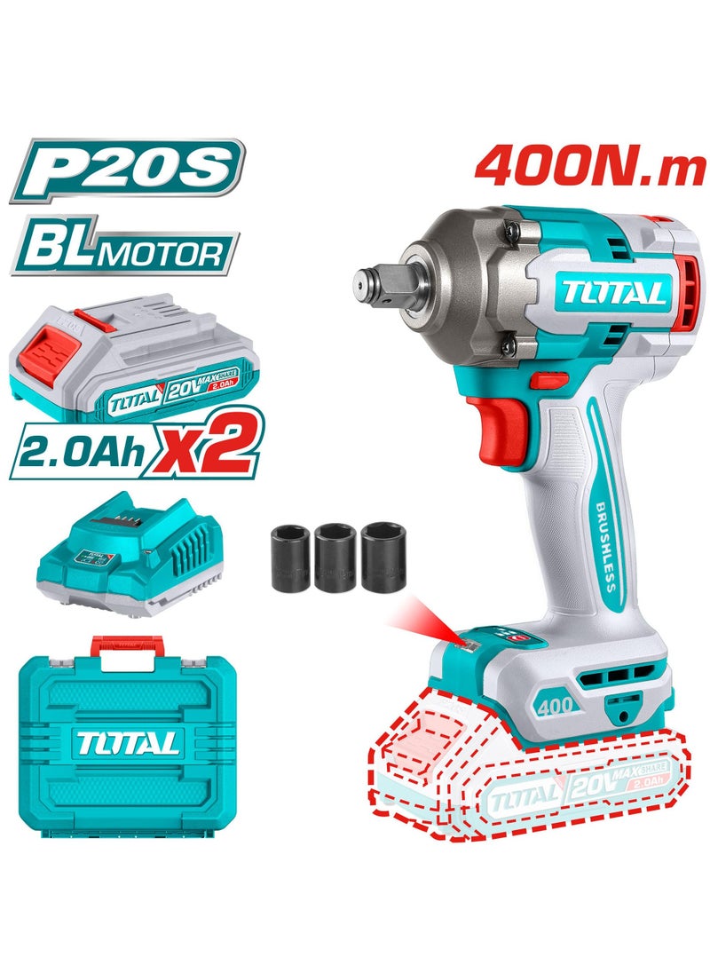 TOTAL Super Total 20V Cordless Impact Wrench with Brushless Motor, 1/2" Square Drive, 400Nm Fastening Torque, 550Nm Nut-Busting Torque, 0-2900 BPM, LED Work Light, Includes 2x 2.0Ah Batteries & Charger, 3 Sockets & Carrying Case  - Image 1