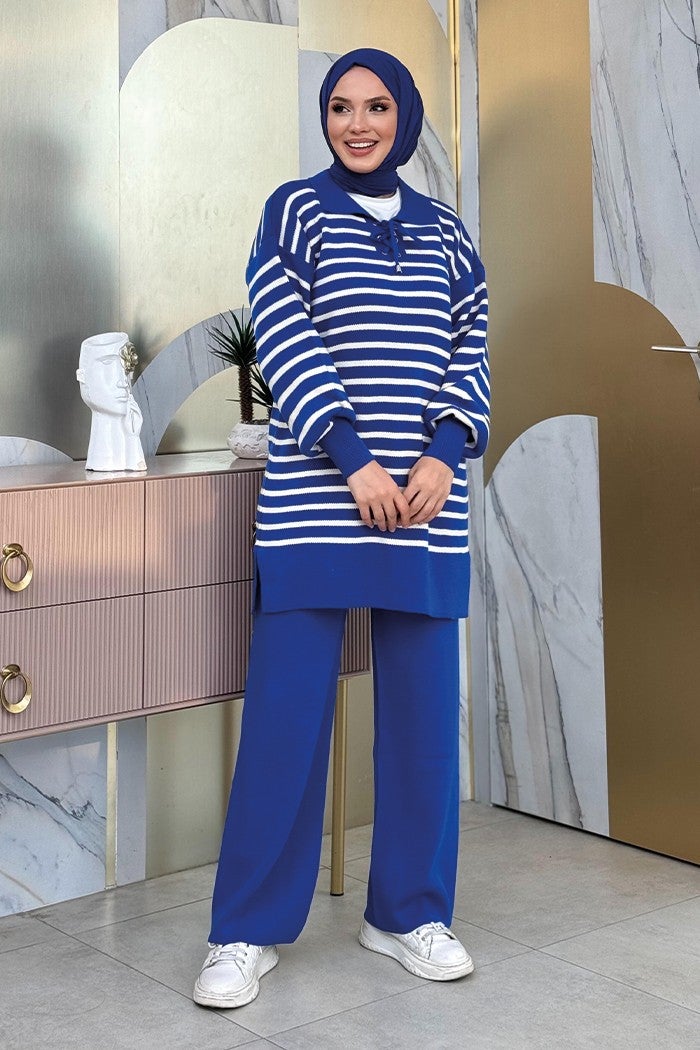 Bym Fashion Collar Tie Detailed Tunic and Trousers Two Piece Knitwear Set 2-1515 Saxe  - Image 1