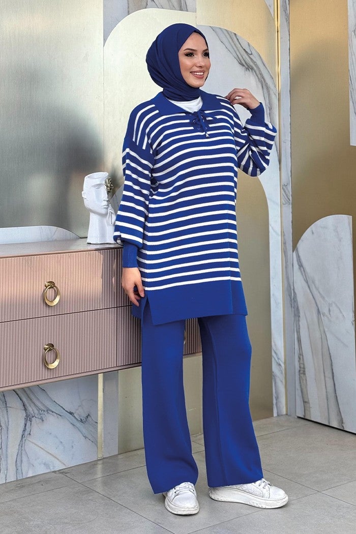 Bym Fashion Collar Tie Detailed Tunic and Trousers Two Piece Knitwear Set 2-1515 Saxe  - Image 3