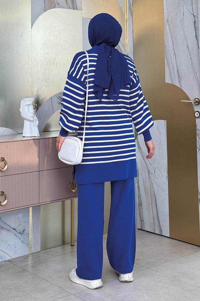 Bym Fashion Collar Tie Detailed Tunic and Trousers Two Piece Knitwear Set 2-1515 Saxe  - Image 2