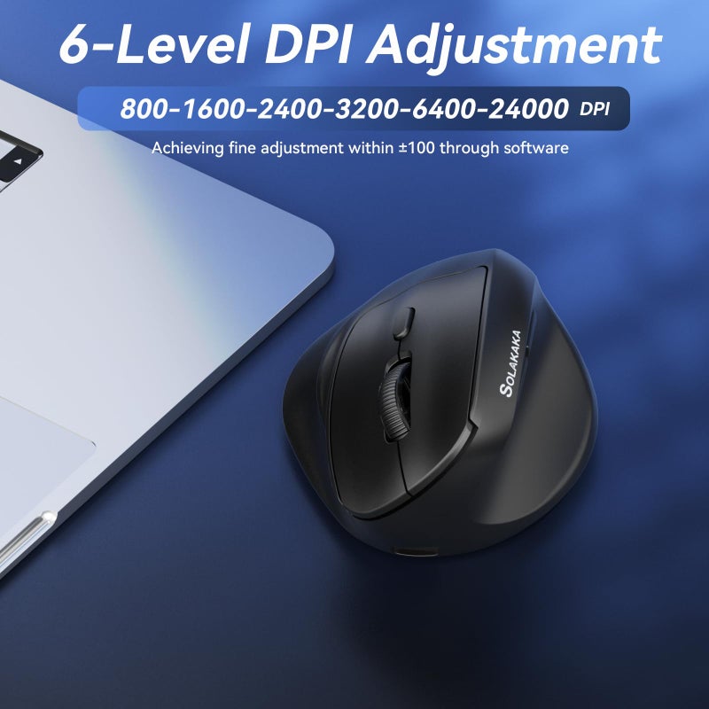 SOLAKAKA SM520 Ergonomic Mouse with 24000 DPI, Vertical Mouse with Programmable Side Button, Wireless Mouse with Tri-Mode Connection - BT5.0/USB-C/2.4GHz, for Desktop, PC, Laptop (Black) - Image 4