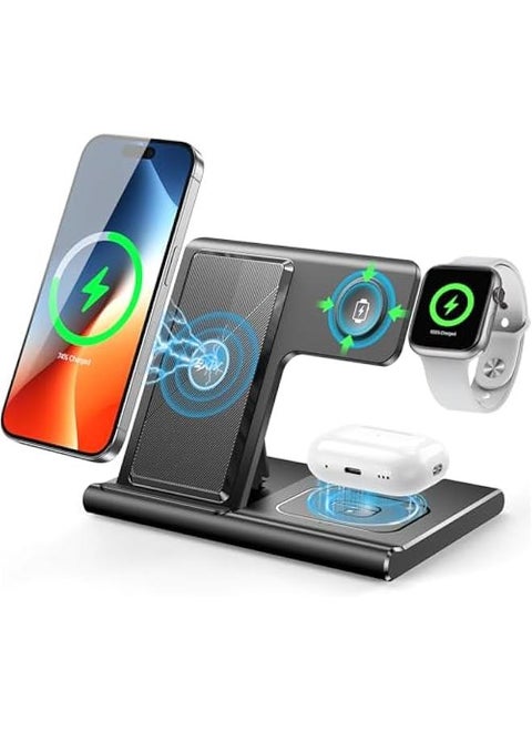 【2024】 Upgraded Wireless Charger, 3 in 1 Charging Station for Apple Devices,Wireless Charger Stand for iPhone 16 15 14 13 12 11 Pro Max XR XS 8,Apple Watch and AirPods(18W PD Adapter Not Included)