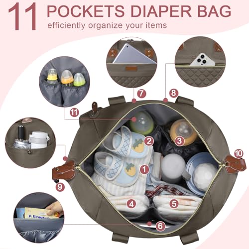 Pritent Diaper Bag Tote, Diaper Baby Bags with Pacifier Case, Shoulder Straps, Stroller Clips, Waterproof Large Mommy Maternity Travel Baby Bag for Mom and Dad, khaki, Medium - Image 3