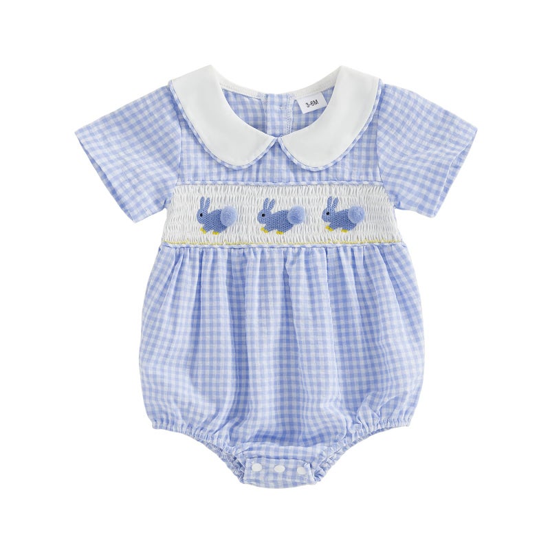Bagilaanoe Infant Baby Boy Girl Easter Outfit Clothes Bunny Tail Smocked Short Sleeve Romper Jumpsuit (Blue, 12-18 Months) - Image 1