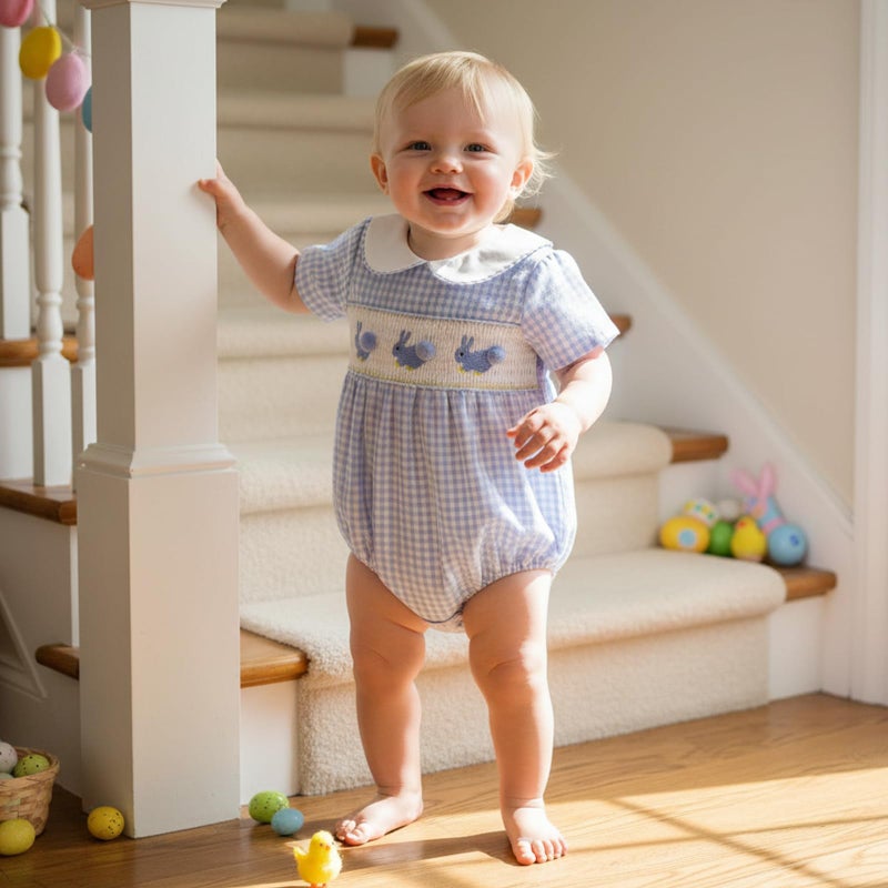 Bagilaanoe Infant Baby Boy Girl Easter Outfit Clothes Bunny Tail Smocked Short Sleeve Romper Jumpsuit (Blue, 12-18 Months) - Image 2