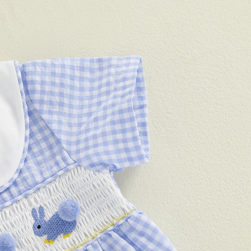 Bagilaanoe Infant Baby Boy Girl Easter Outfit Clothes Bunny Tail Smocked Short Sleeve Romper Jumpsuit (Blue, 12-18 Months) - Image 4