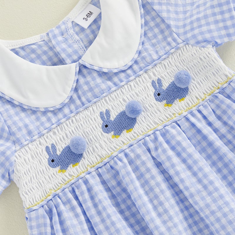 Bagilaanoe Infant Baby Boy Girl Easter Outfit Clothes Bunny Tail Smocked Short Sleeve Romper Jumpsuit (Blue, 12-18 Months) - Image 5