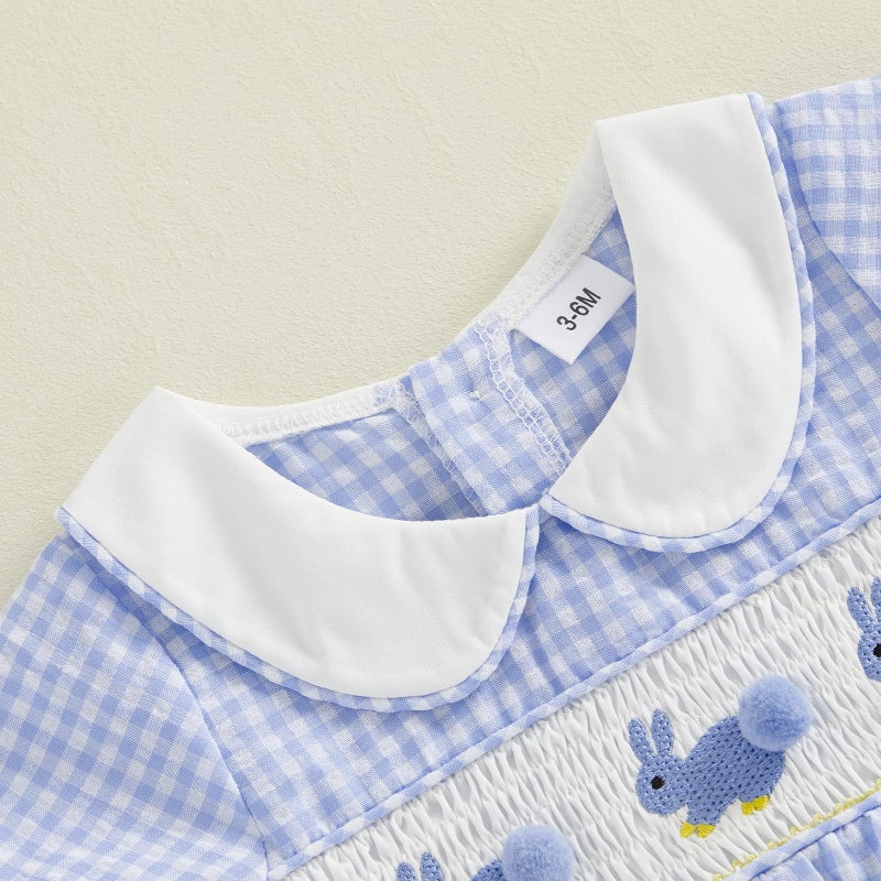 Bagilaanoe Infant Baby Boy Girl Easter Outfit Clothes Bunny Tail Smocked Short Sleeve Romper Jumpsuit (Blue, 12-18 Months) - Image 3