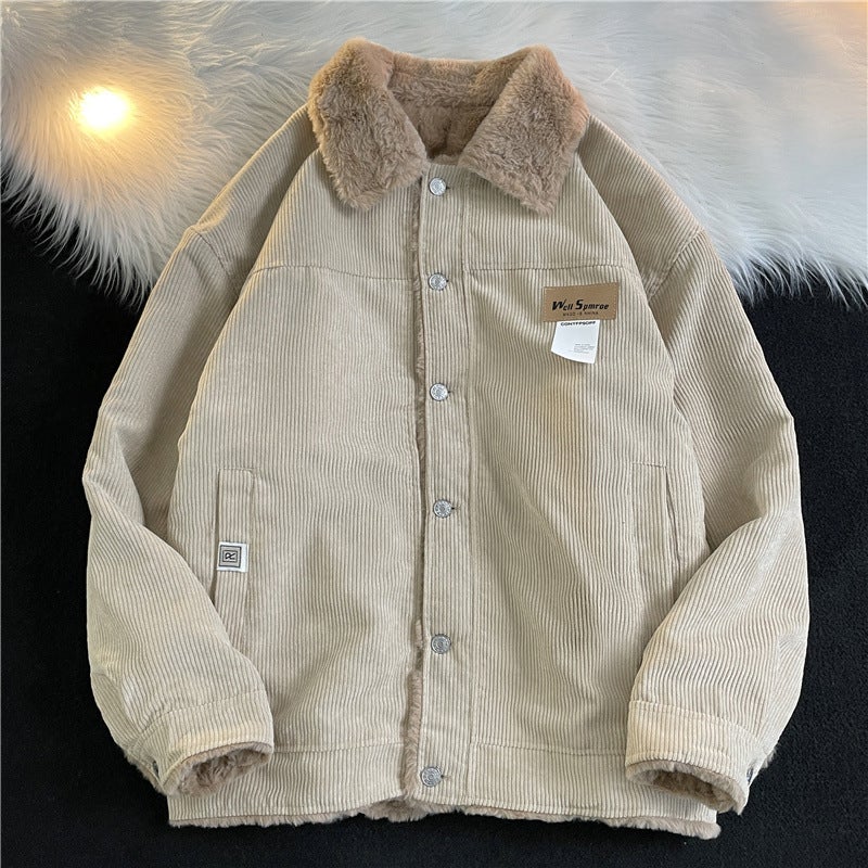 Mens Corduroy Cotton Jacket Autumn Winter Harajuku Streetwear Hip Hop Sherpa Coat Blue - Image 2
