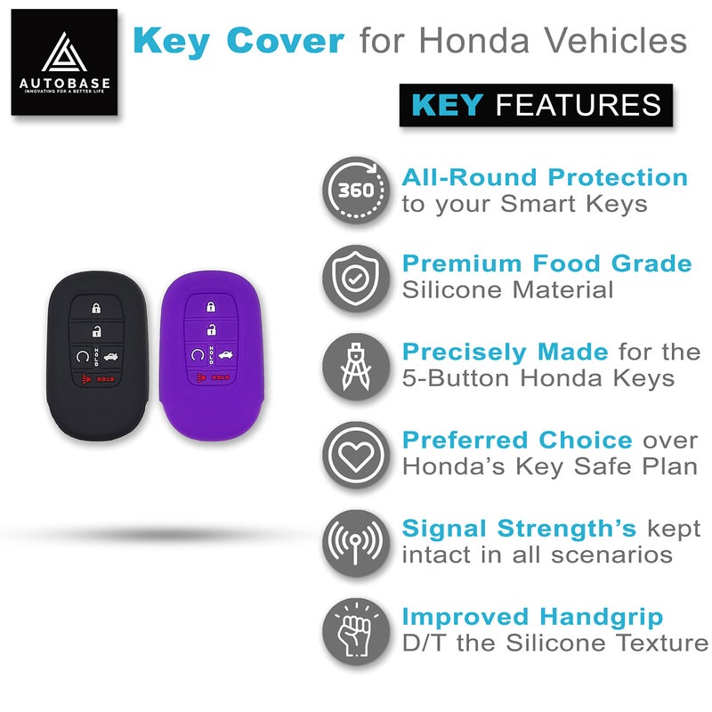 Autobase Silicone Key Fob Cover for 2022 2023 2024 2025 2026 Honda Civic Accord HR-V CR-V Sport SI EX EX-L Touring | 2026 Car Accessory | Key Protection Case - 2 Pcs (Black and Purple) - Image 3