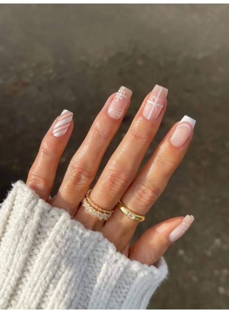 HTKCRX Christmas Gift Style French Press On Nails with White Lines & Snowflake Patterns Glossy Finish Natural Fit Eco-Friendly ABS Material One-Minute Salon Result Reusable Nail Art Set - Image 5