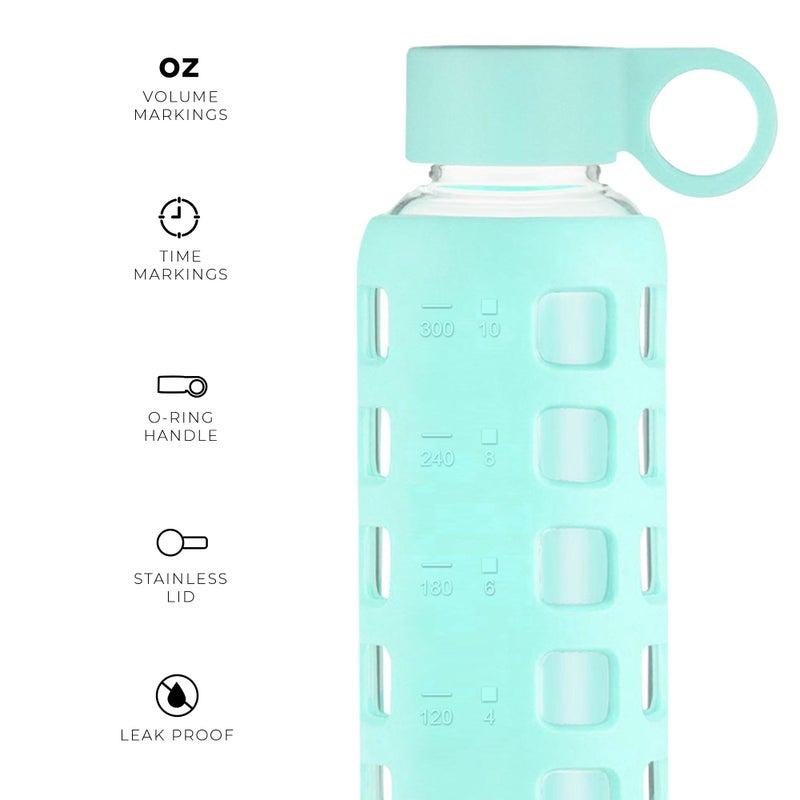 purifyou Premium 40/32 / 22/12 oz Reusable Glass Water Bottles with Time and Volume Markings  Non-Slip Silicone Sleeve & Stainless Steel Lid Insert  for Water  Milk  Juice (12oz Glow in the Dark) - Image 2