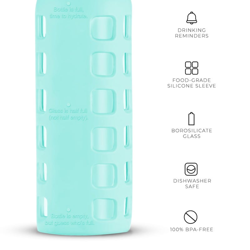 purifyou Premium 40/32 / 22/12 oz Reusable Glass Water Bottles with Time and Volume Markings  Non-Slip Silicone Sleeve & Stainless Steel Lid Insert  for Water  Milk  Juice (12oz Glow in the Dark) - Image 3